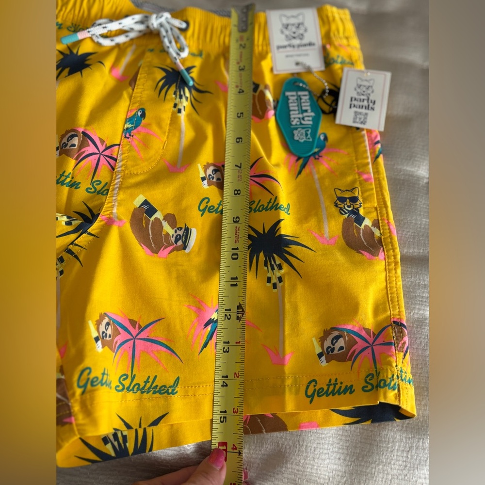 Men’s "Gettin' Slothed" swim trunks from Party Pants. Yellow Size M - Picture 4 of 6